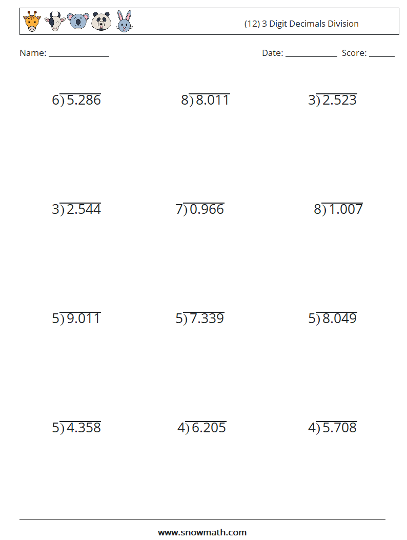 (12) 3 Digit Decimals Division Maths Worksheets 18