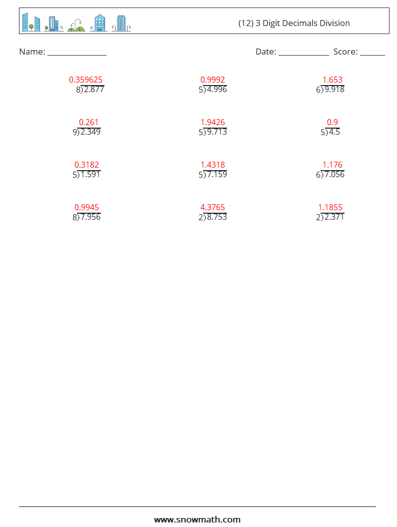 (12) 3 Digit Decimals Division Maths Worksheets 1 Question, Answer