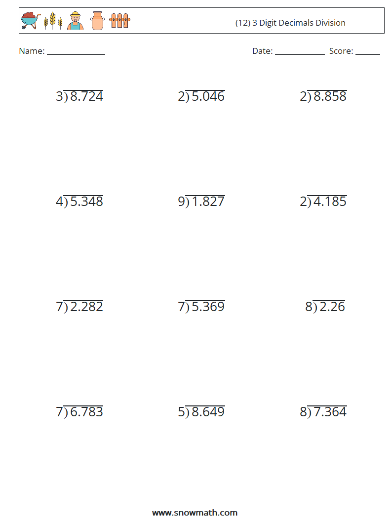 (12) 3 Digit Decimals Division Maths Worksheets 3