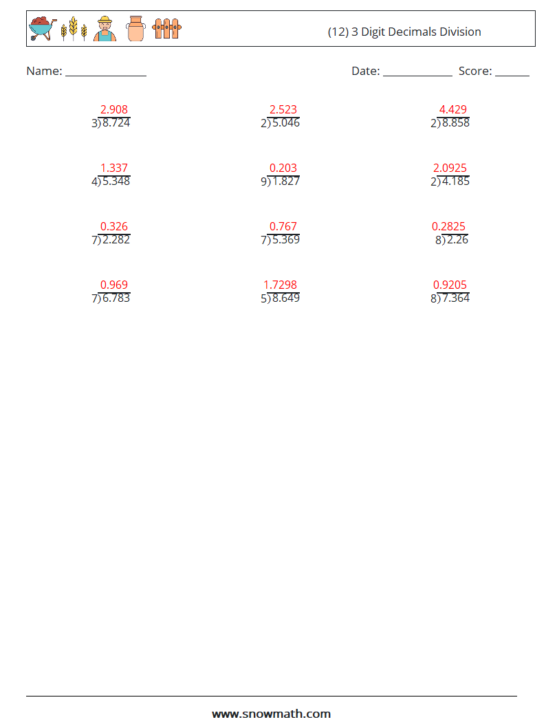 (12) 3 Digit Decimals Division Maths Worksheets 3 Question, Answer