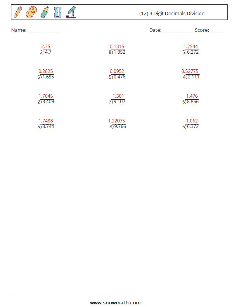 (12) 3 Digit Decimals Division Maths Worksheets 4 Question, Answer