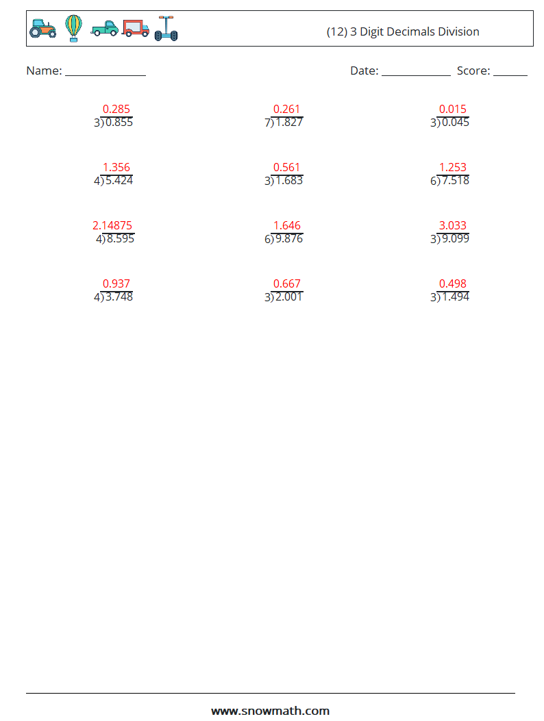 (12) 3 Digit Decimals Division Maths Worksheets 5 Question, Answer