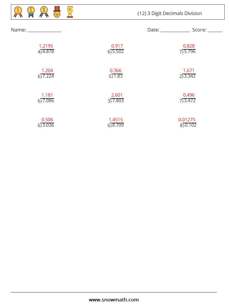 (12) 3 Digit Decimals Division Maths Worksheets 6 Question, Answer