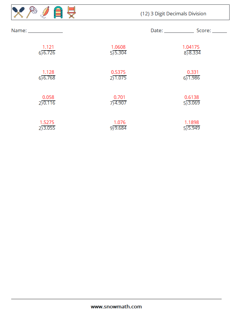 (12) 3 Digit Decimals Division Maths Worksheets 8 Question, Answer