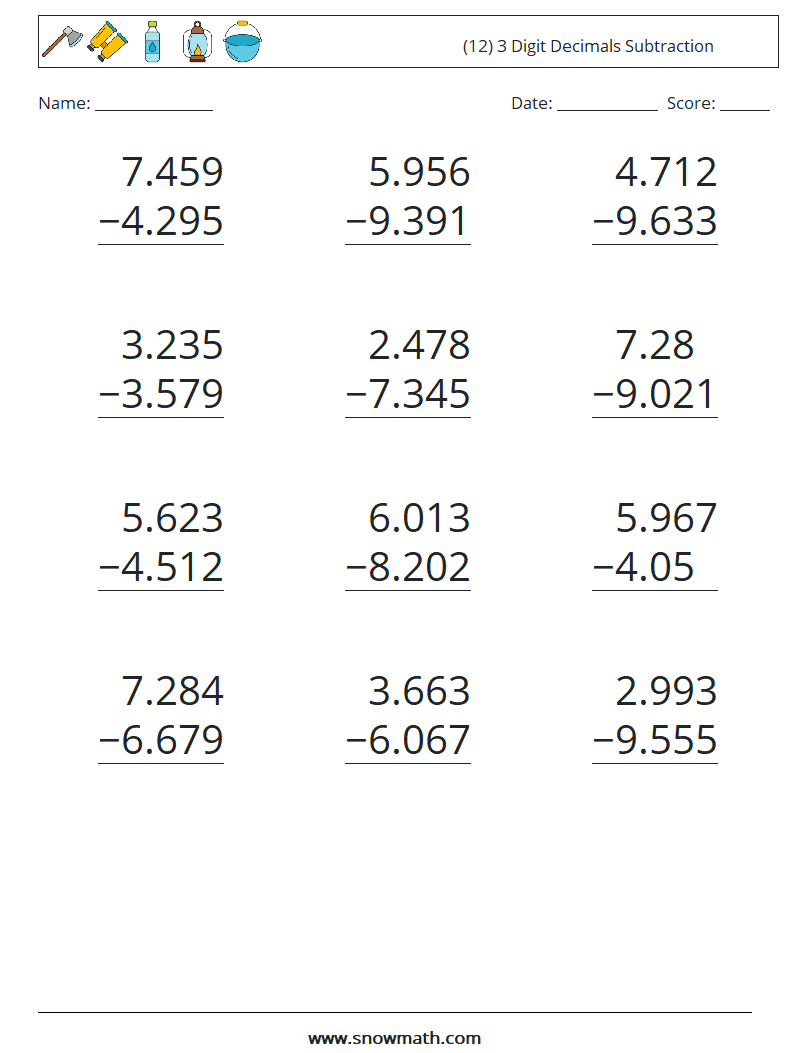 (12) 3 Digit Decimals Subtraction Maths Worksheets 1