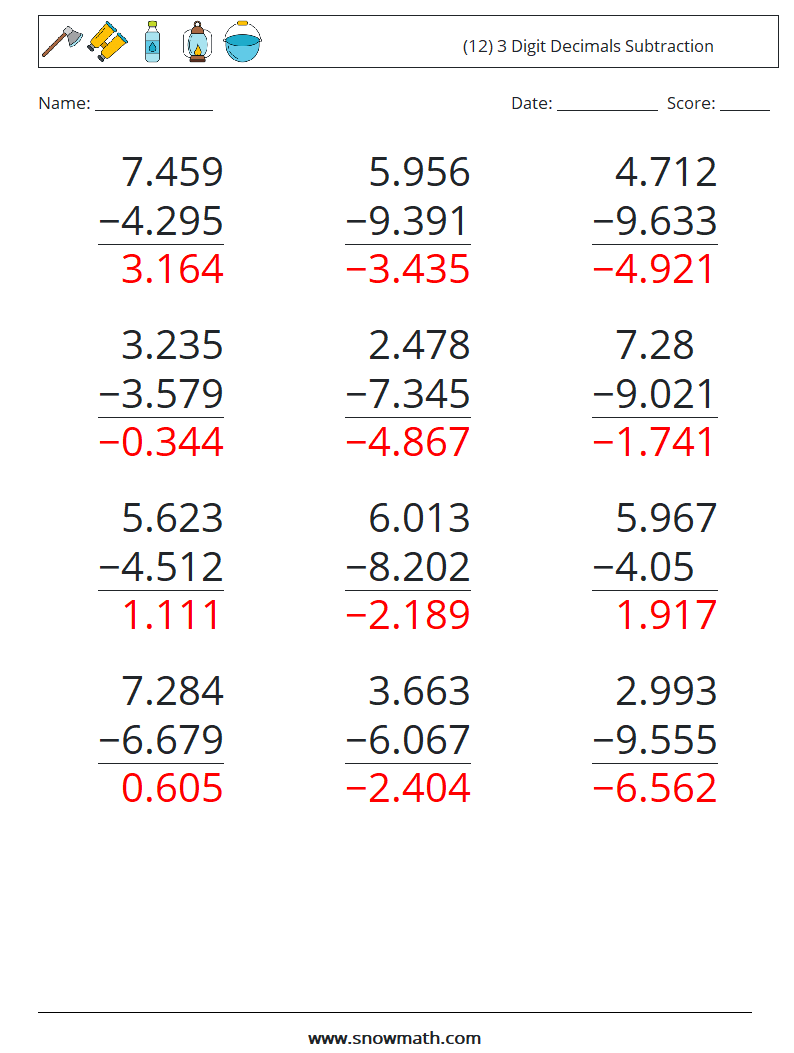 (12) 3 Digit Decimals Subtraction Maths Worksheets 1 Question, Answer