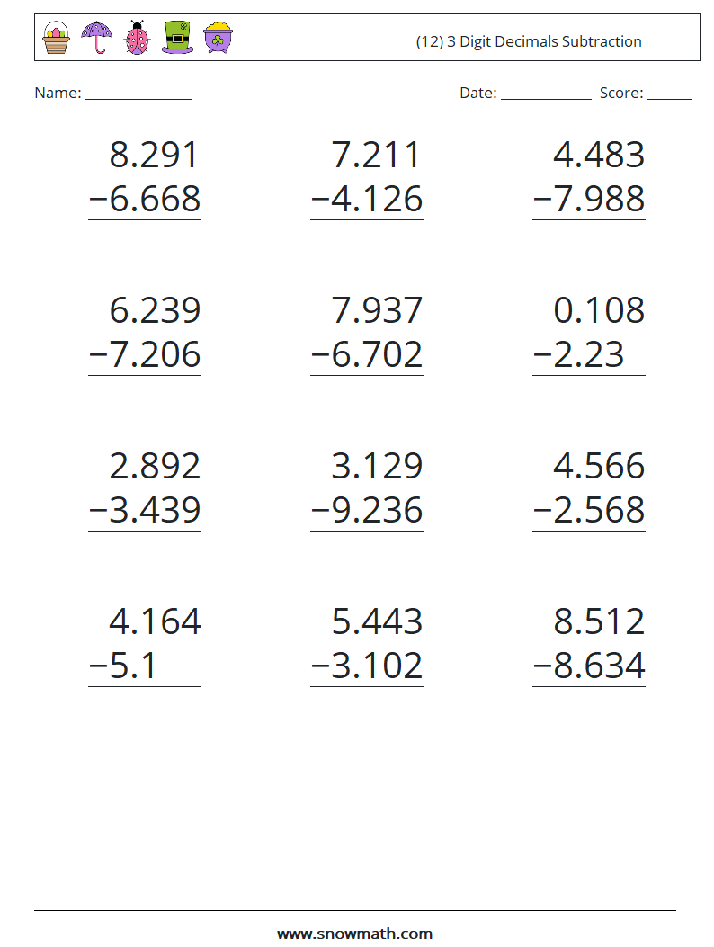 (12) 3 Digit Decimals Subtraction Maths Worksheets 3