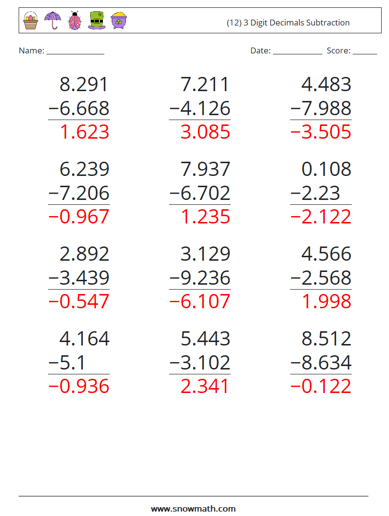 (12) 3 Digit Decimals Subtraction Maths Worksheets 3 Question, Answer