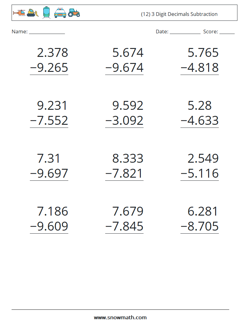 (12) 3 Digit Decimals Subtraction Maths Worksheets 4