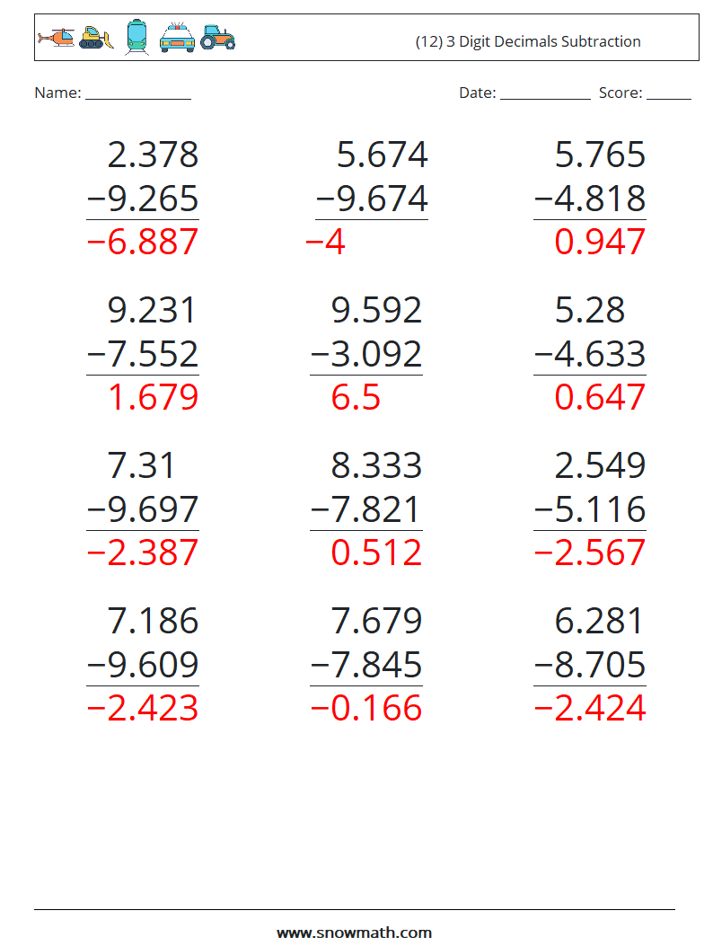 (12) 3 Digit Decimals Subtraction Maths Worksheets 4 Question, Answer