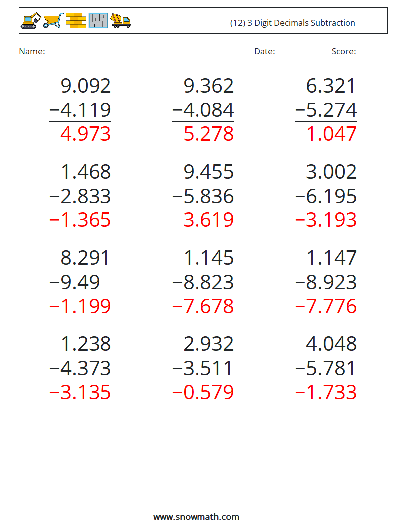 (12) 3 Digit Decimals Subtraction Maths Worksheets 5 Question, Answer