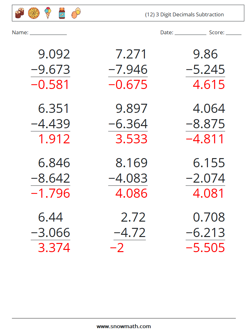 (12) 3 Digit Decimals Subtraction Maths Worksheets 6 Question, Answer