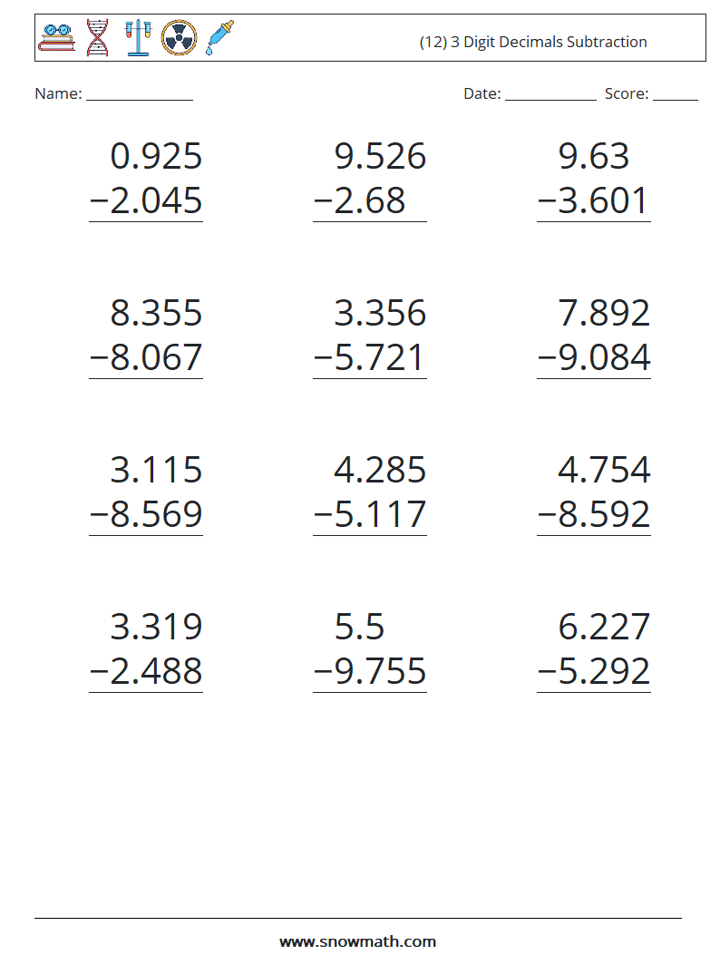 (12) 3 Digit Decimals Subtraction Maths Worksheets 8