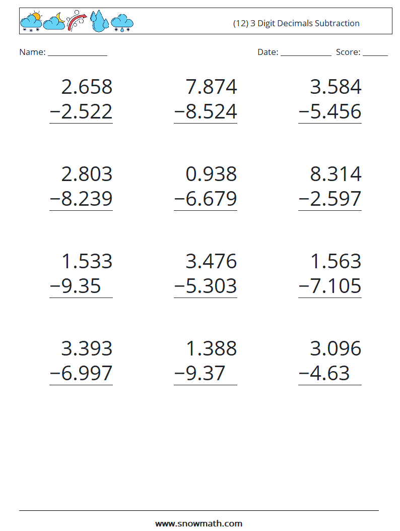 (12) 3 Digit Decimals Subtraction Maths Worksheets 9