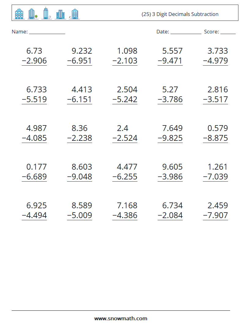 (25) 3 Digit Decimals Subtraction Maths Worksheets 10