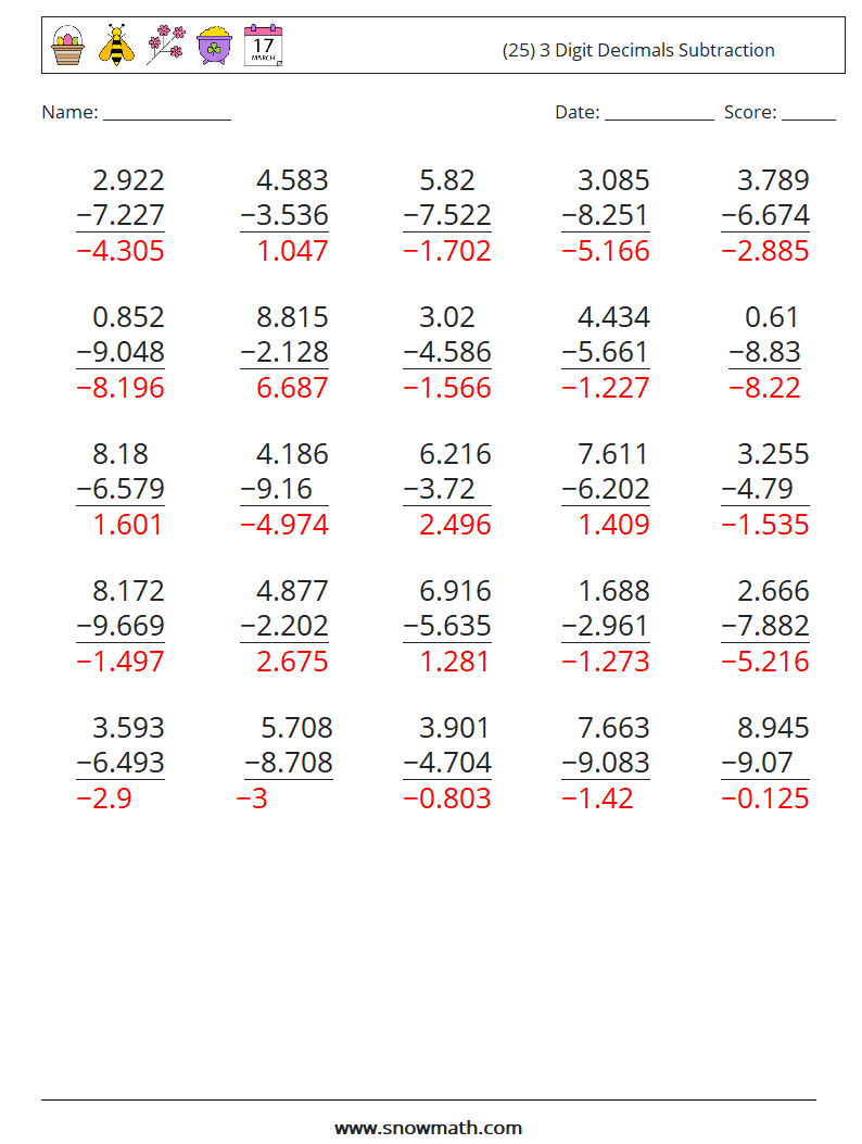 (25) 3 Digit Decimals Subtraction Maths Worksheets 13 Question, Answer