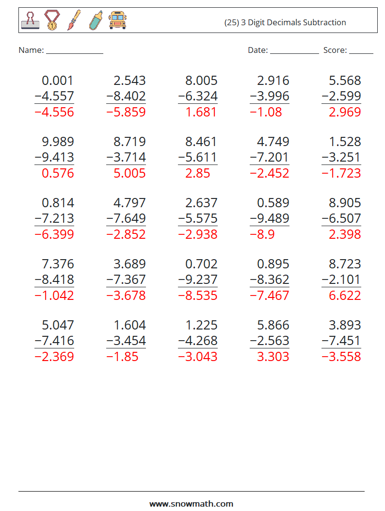 (25) 3 Digit Decimals Subtraction Maths Worksheets 14 Question, Answer