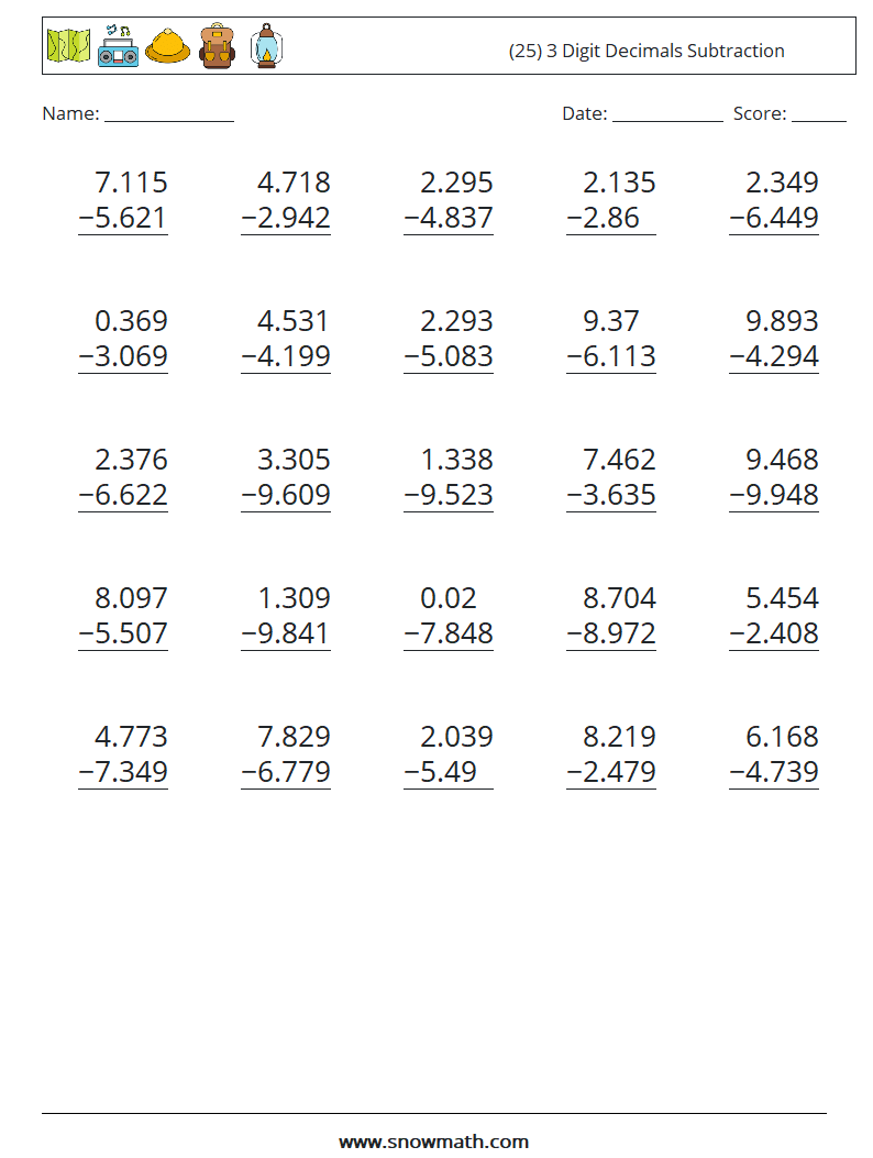 (25) 3 Digit Decimals Subtraction Maths Worksheets 16