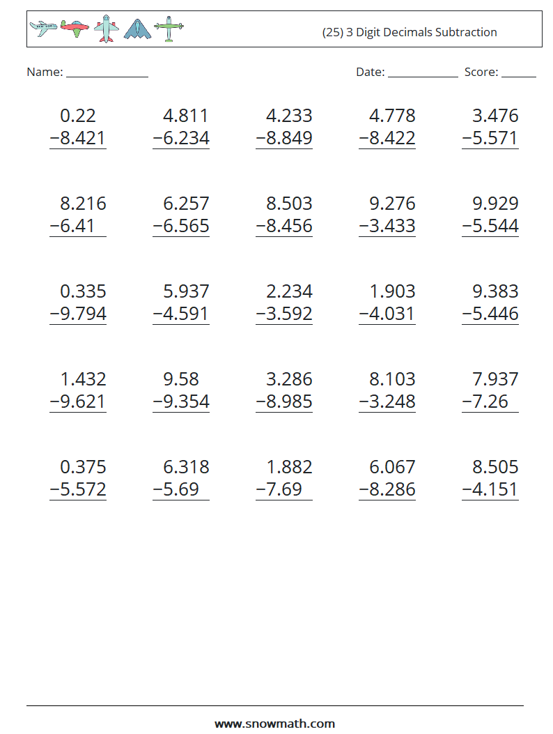 (25) 3 Digit Decimals Subtraction Maths Worksheets 17