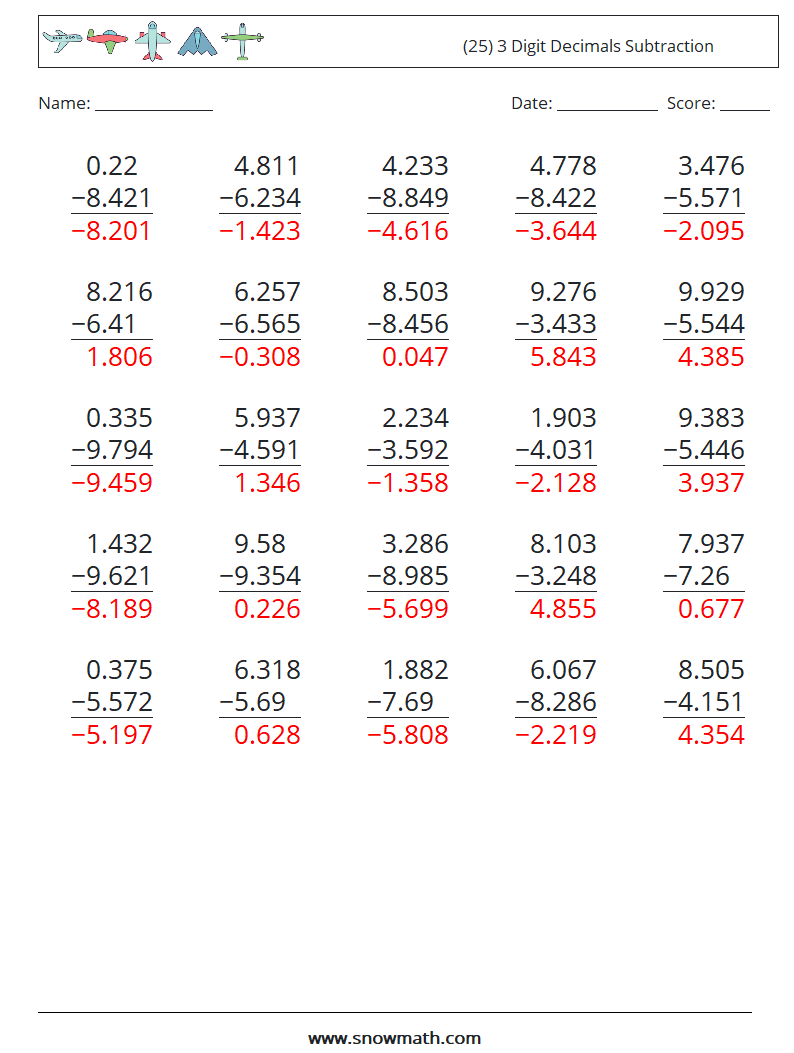 (25) 3 Digit Decimals Subtraction Maths Worksheets 17 Question, Answer