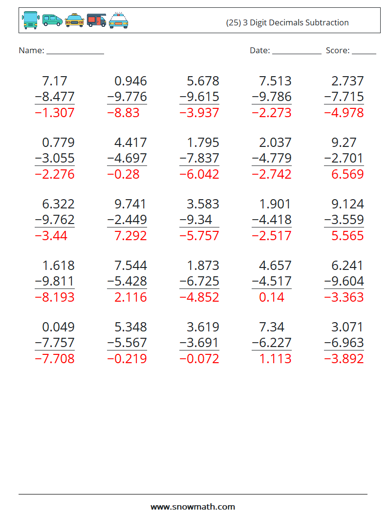 (25) 3 Digit Decimals Subtraction Maths Worksheets 1 Question, Answer