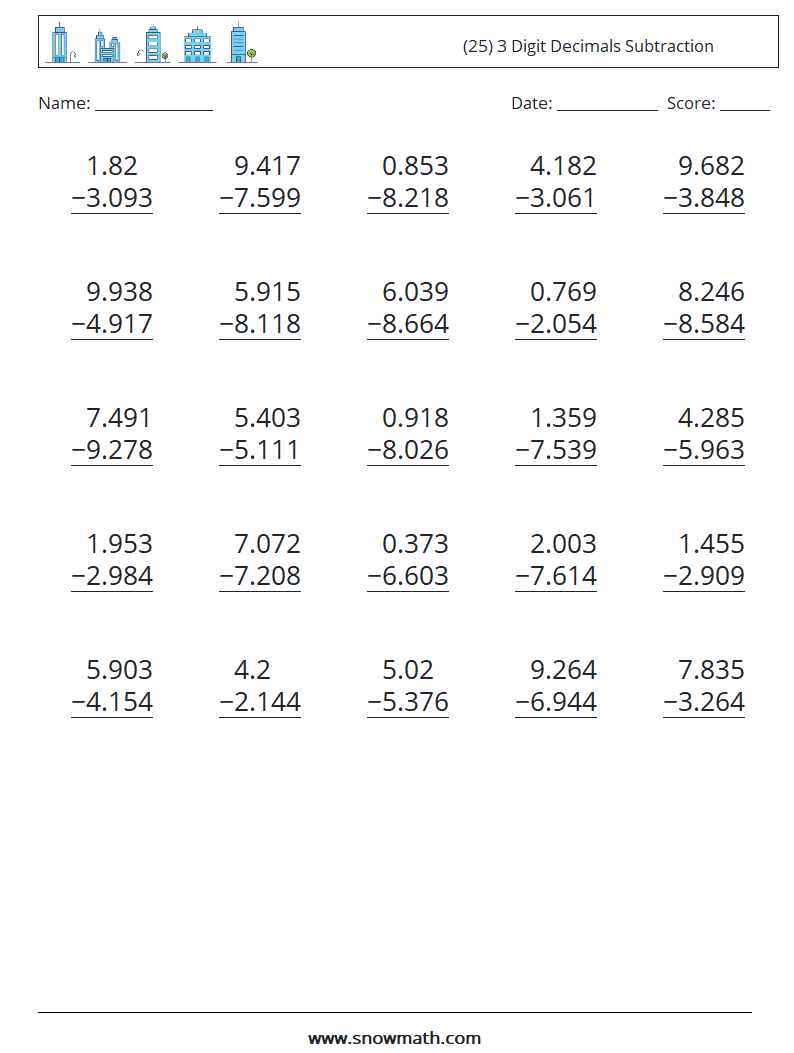 (25) 3 Digit Decimals Subtraction Maths Worksheets 3