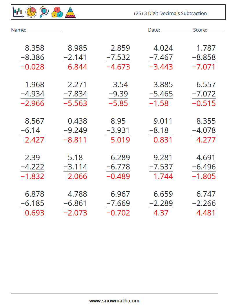 (25) 3 Digit Decimals Subtraction Maths Worksheets 4 Question, Answer