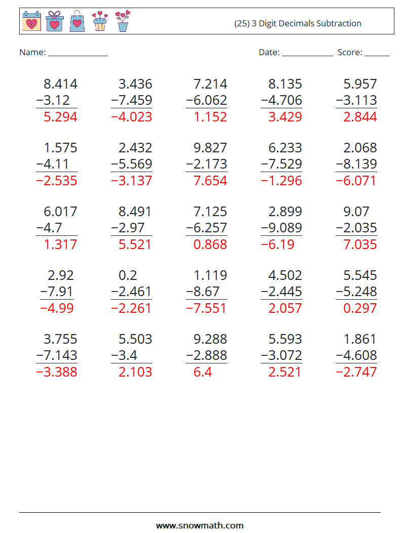 (25) 3 Digit Decimals Subtraction Maths Worksheets 5 Question, Answer