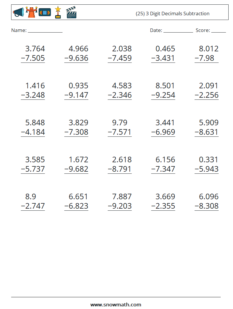 (25) 3 Digit Decimals Subtraction Maths Worksheets 7