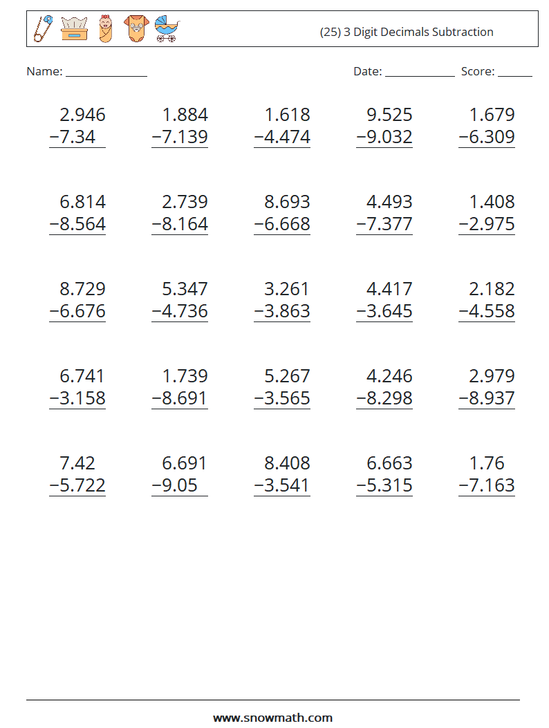 (25) 3 Digit Decimals Subtraction Maths Worksheets 9