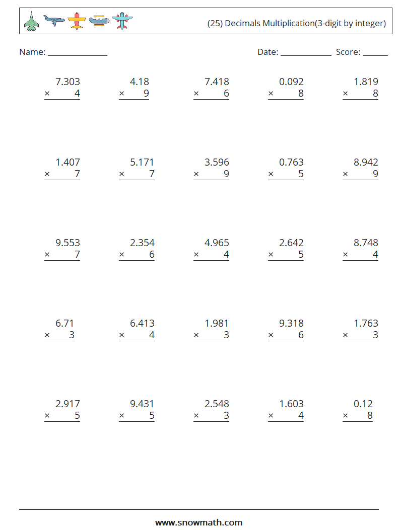(25) Decimals Multiplication(3-digit by integer) Maths Worksheets 1