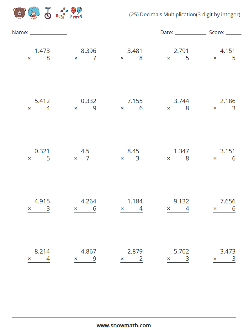 (25) Decimals Multiplication(3-digit by integer) Maths Worksheets 10