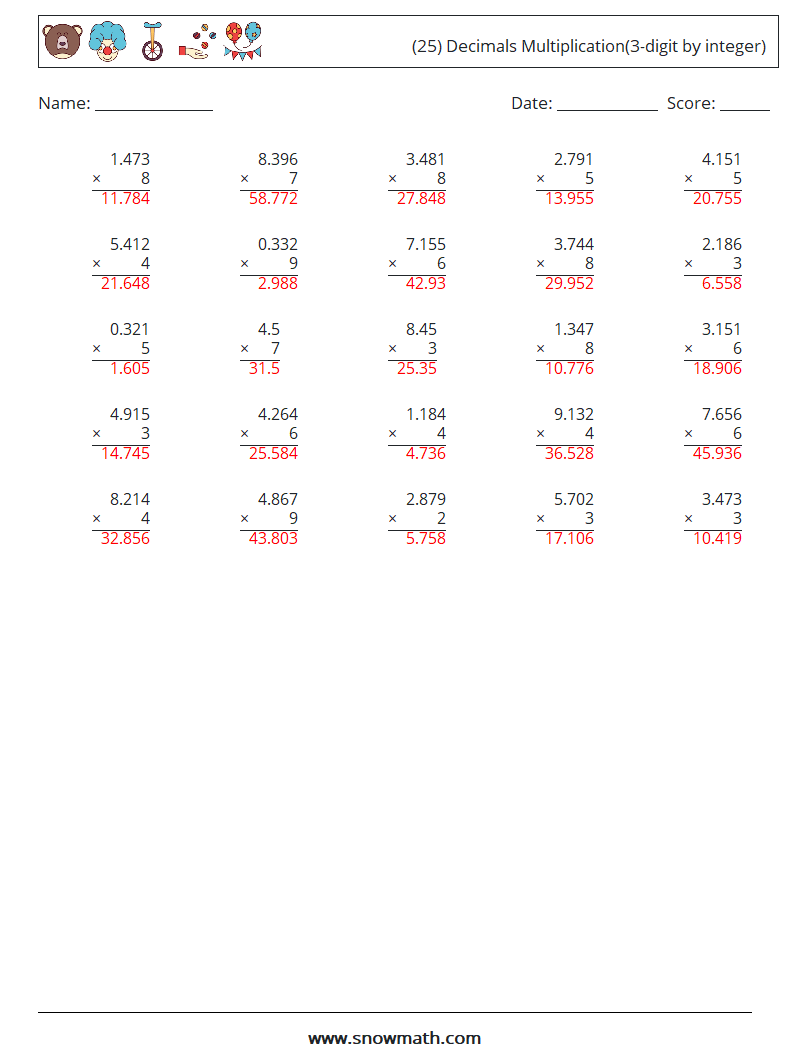 (25) Decimals Multiplication(3-digit by integer) Maths Worksheets 10 Question, Answer