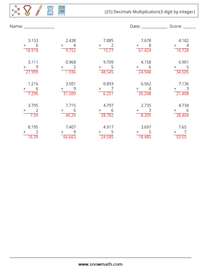 (25) Decimals Multiplication(3-digit by integer) Maths Worksheets 11 Question, Answer