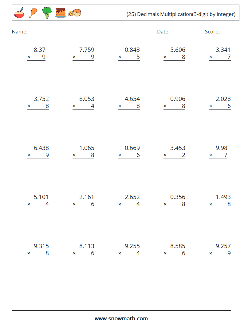 (25) Decimals Multiplication(3-digit by integer) Maths Worksheets 12