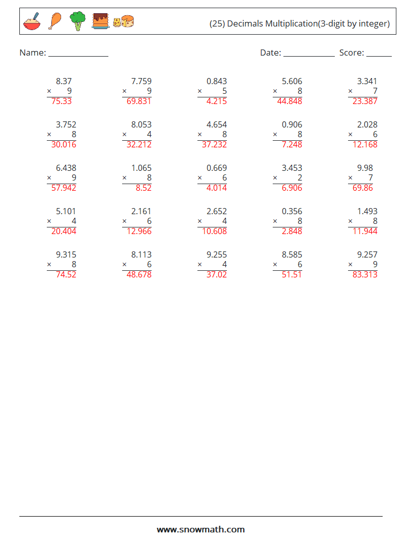 (25) Decimals Multiplication(3-digit by integer) Maths Worksheets 12 Question, Answer