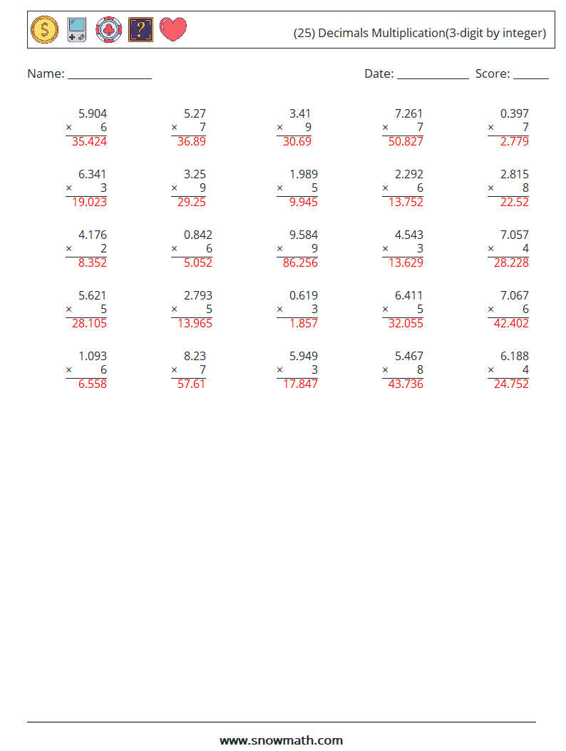 (25) Decimals Multiplication(3-digit by integer) Maths Worksheets 13 Question, Answer