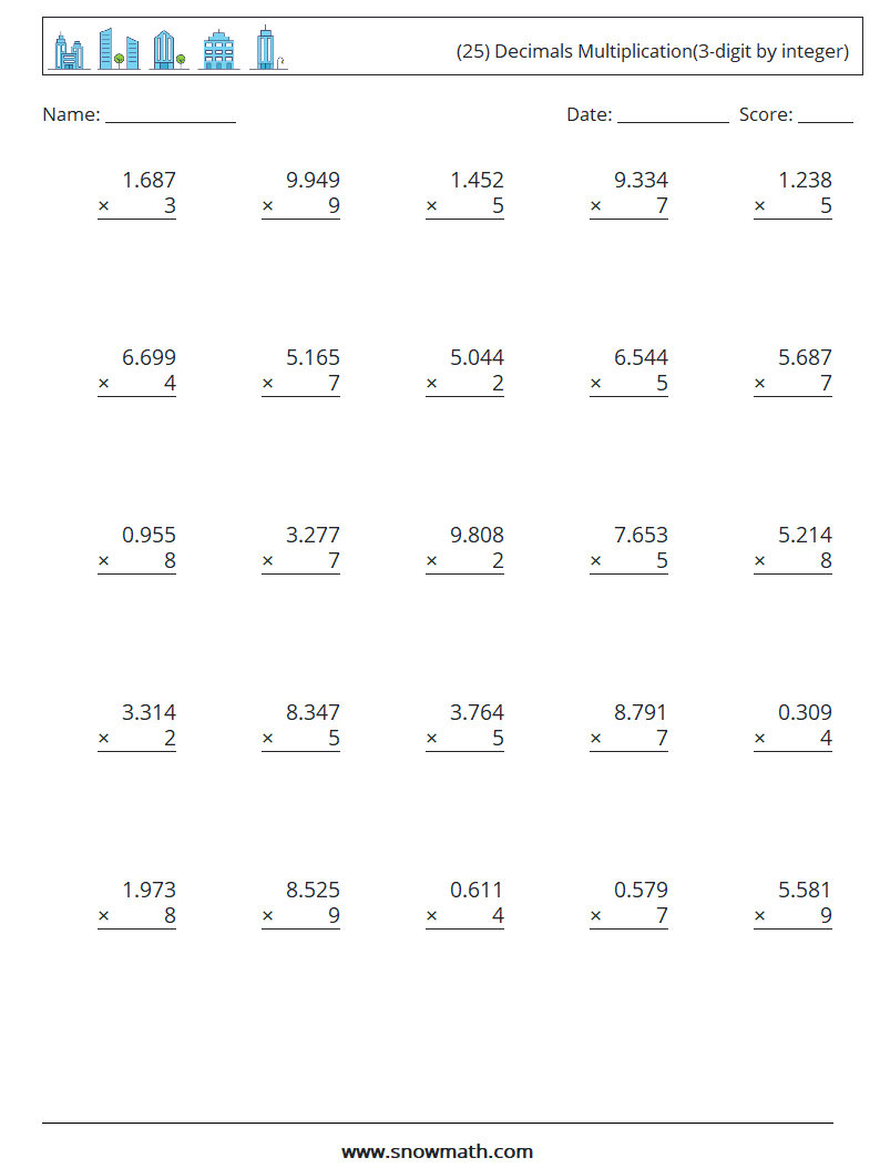 (25) Decimals Multiplication(3-digit by integer) Maths Worksheets 14