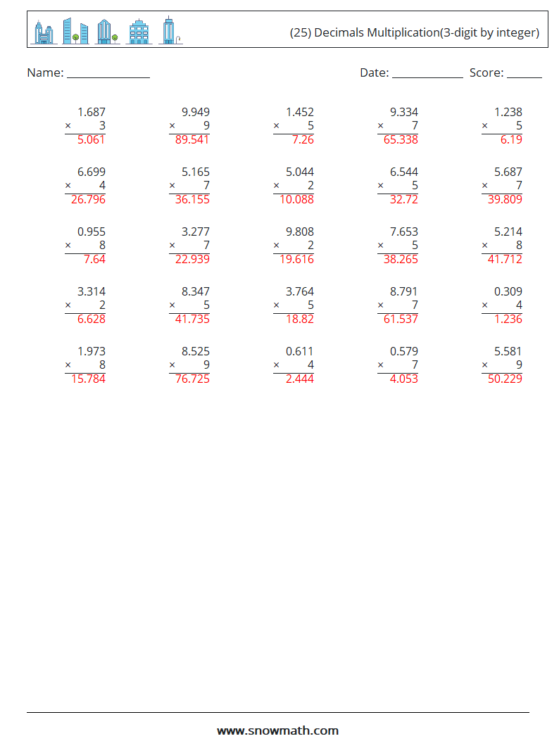 (25) Decimals Multiplication(3-digit by integer) Maths Worksheets 14 Question, Answer