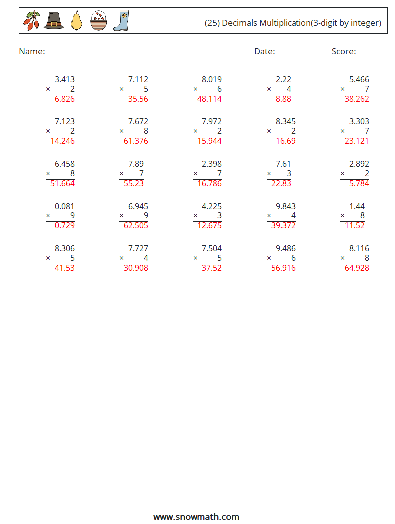 (25) Decimals Multiplication(3-digit by integer) Maths Worksheets 15 Question, Answer