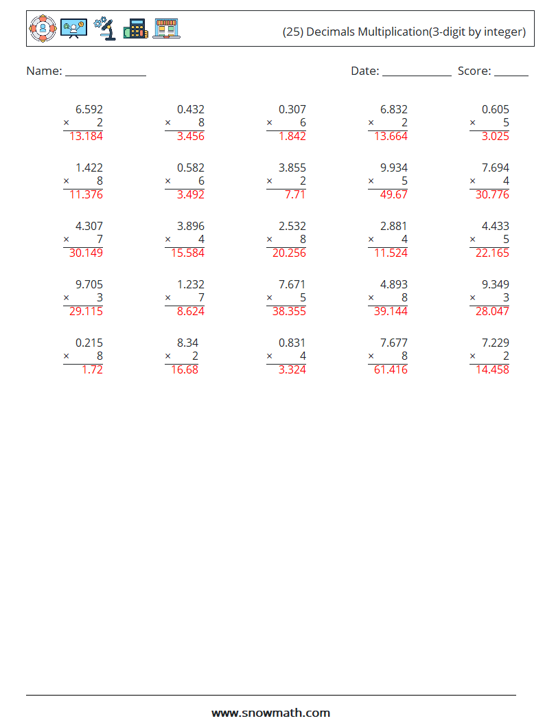 (25) Decimals Multiplication(3-digit by integer) Maths Worksheets 16 Question, Answer