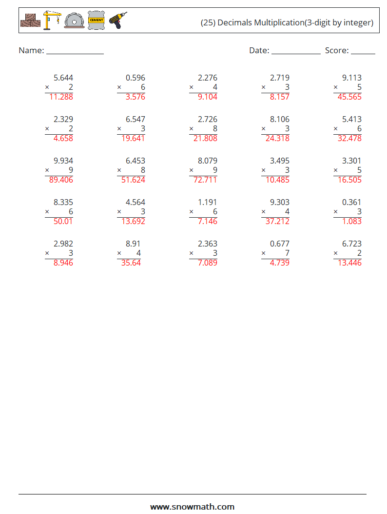 (25) Decimals Multiplication(3-digit by integer) Maths Worksheets 17 Question, Answer