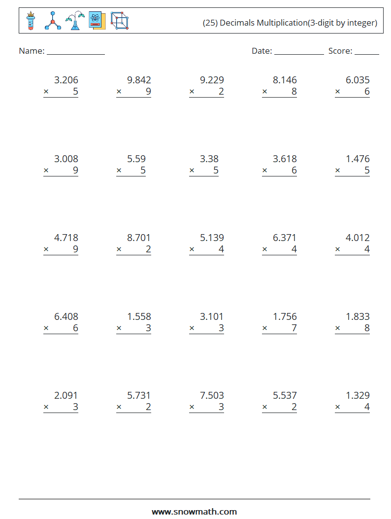 (25) Decimals Multiplication(3-digit by integer) Maths Worksheets 18