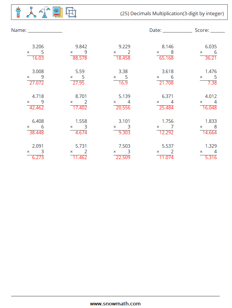 (25) Decimals Multiplication(3-digit by integer) Maths Worksheets 18 Question, Answer