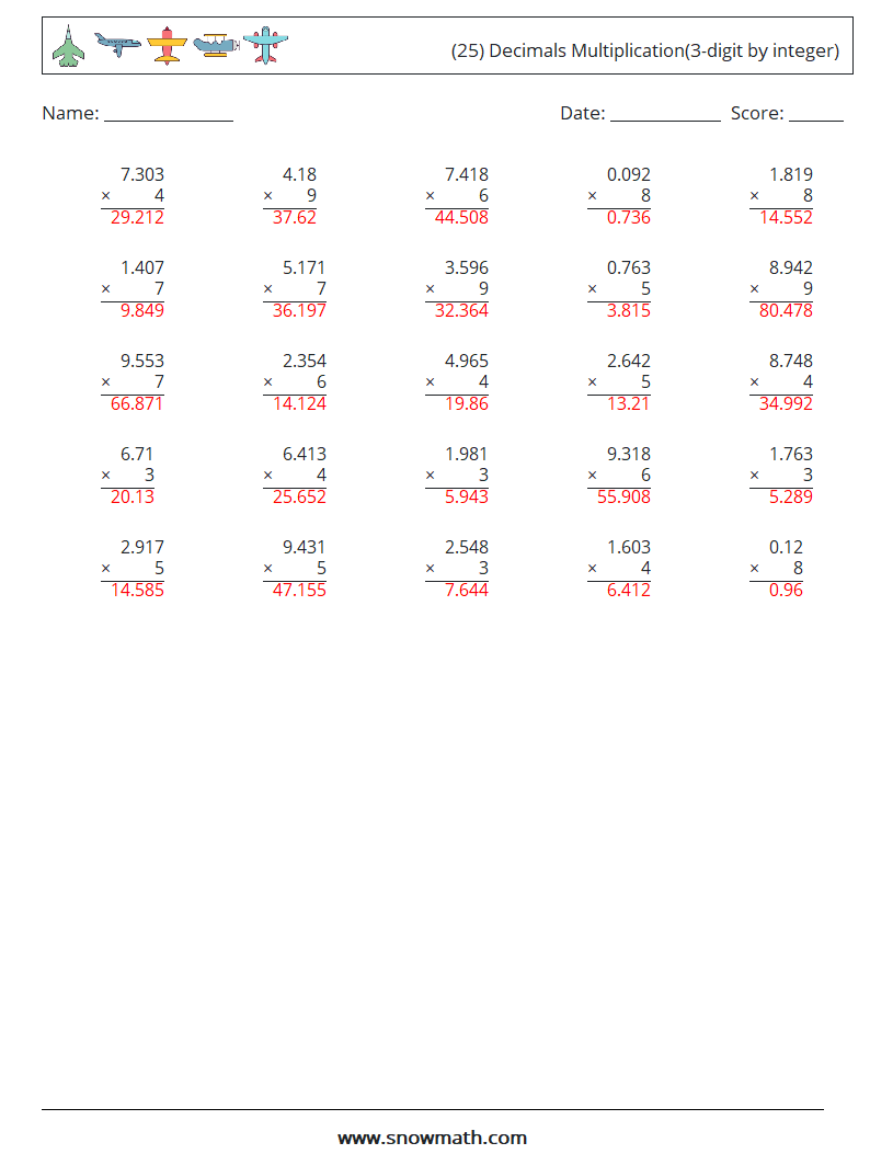 (25) Decimals Multiplication(3-digit by integer) Maths Worksheets 1 Question, Answer