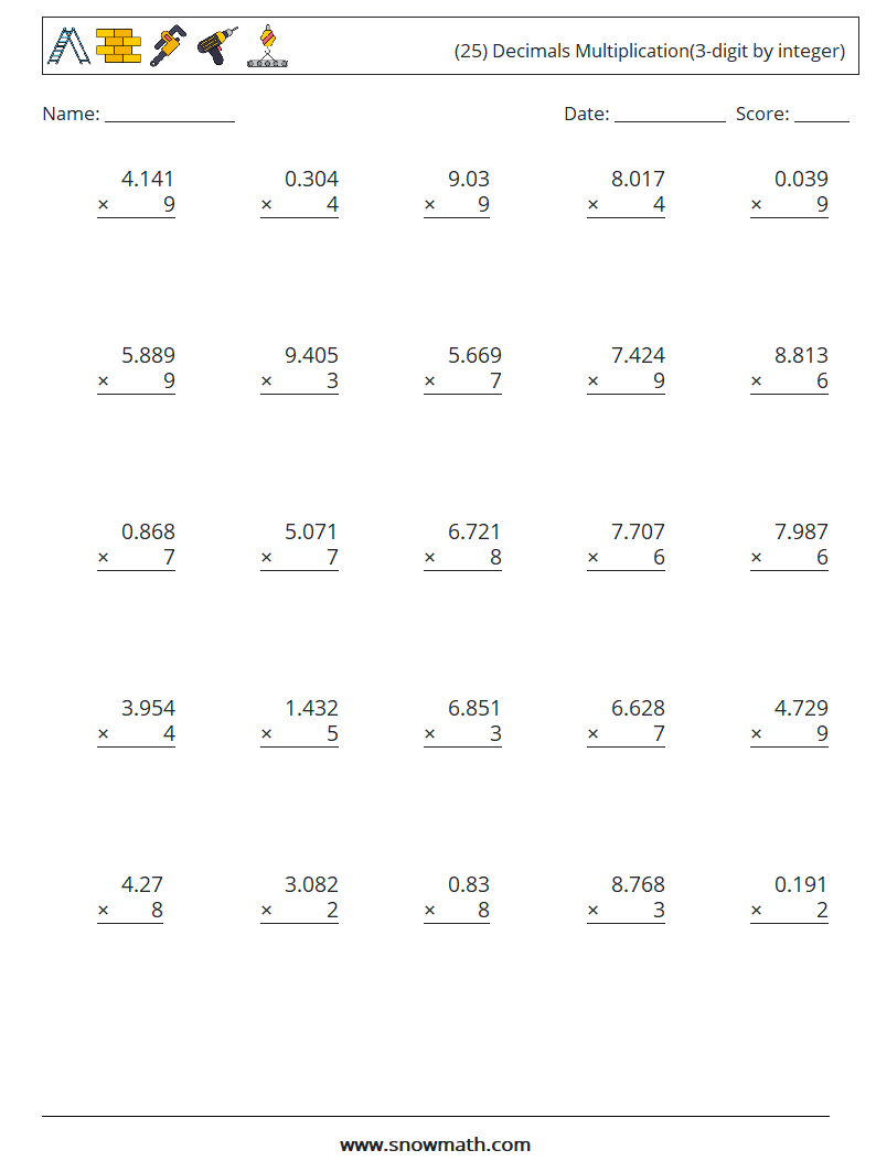 (25) Decimals Multiplication(3-digit by integer) Maths Worksheets 2