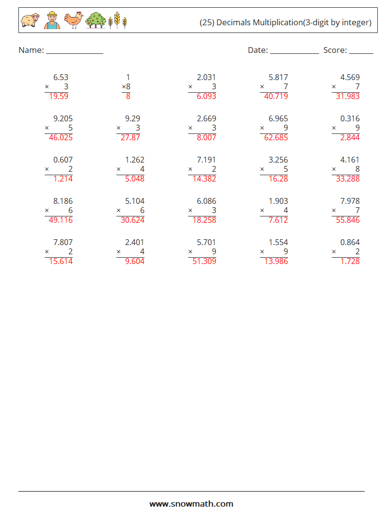 (25) Decimals Multiplication(3-digit by integer) Maths Worksheets 3 Question, Answer