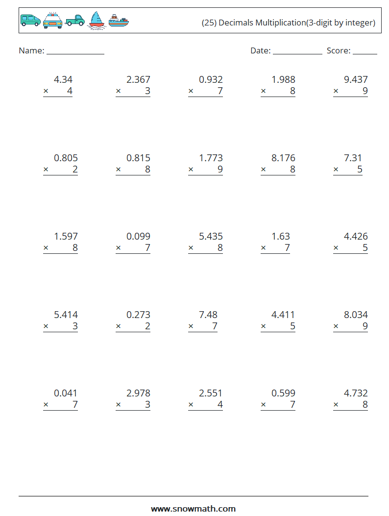 (25) Decimals Multiplication(3-digit by integer) Maths Worksheets 4