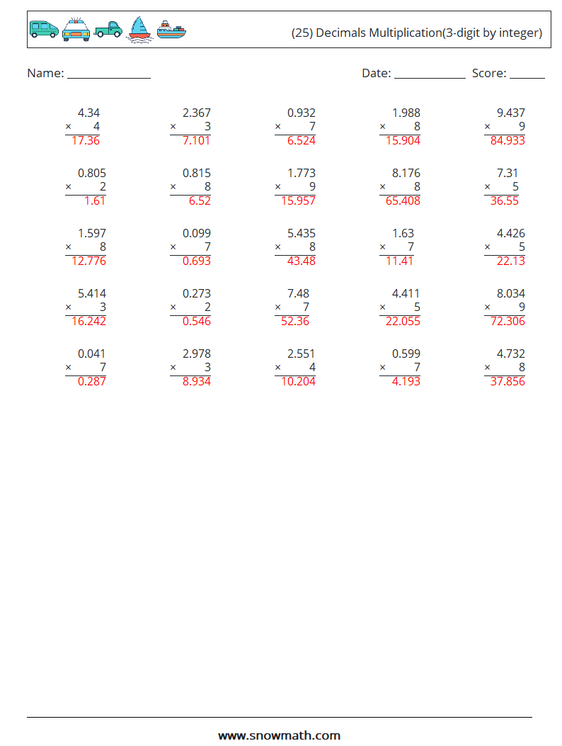 (25) Decimals Multiplication(3-digit by integer) Maths Worksheets 4 Question, Answer