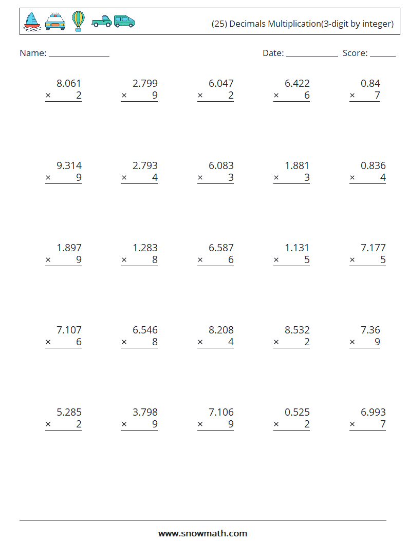 (25) Decimals Multiplication(3-digit by integer) Maths Worksheets 5